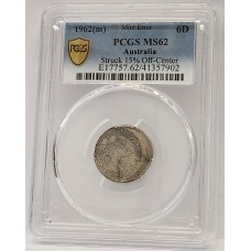 AUSTRALIA 1962 . SIXPENCE . ERROR . OFF CENTRE . PCGS MS62